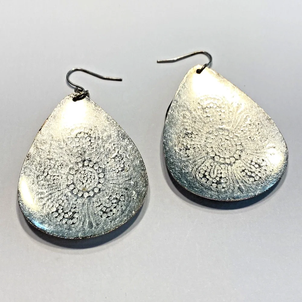 Boho Pierced Earrings Huge Embossed Teardrops Gold Silver Copper Festival Chic